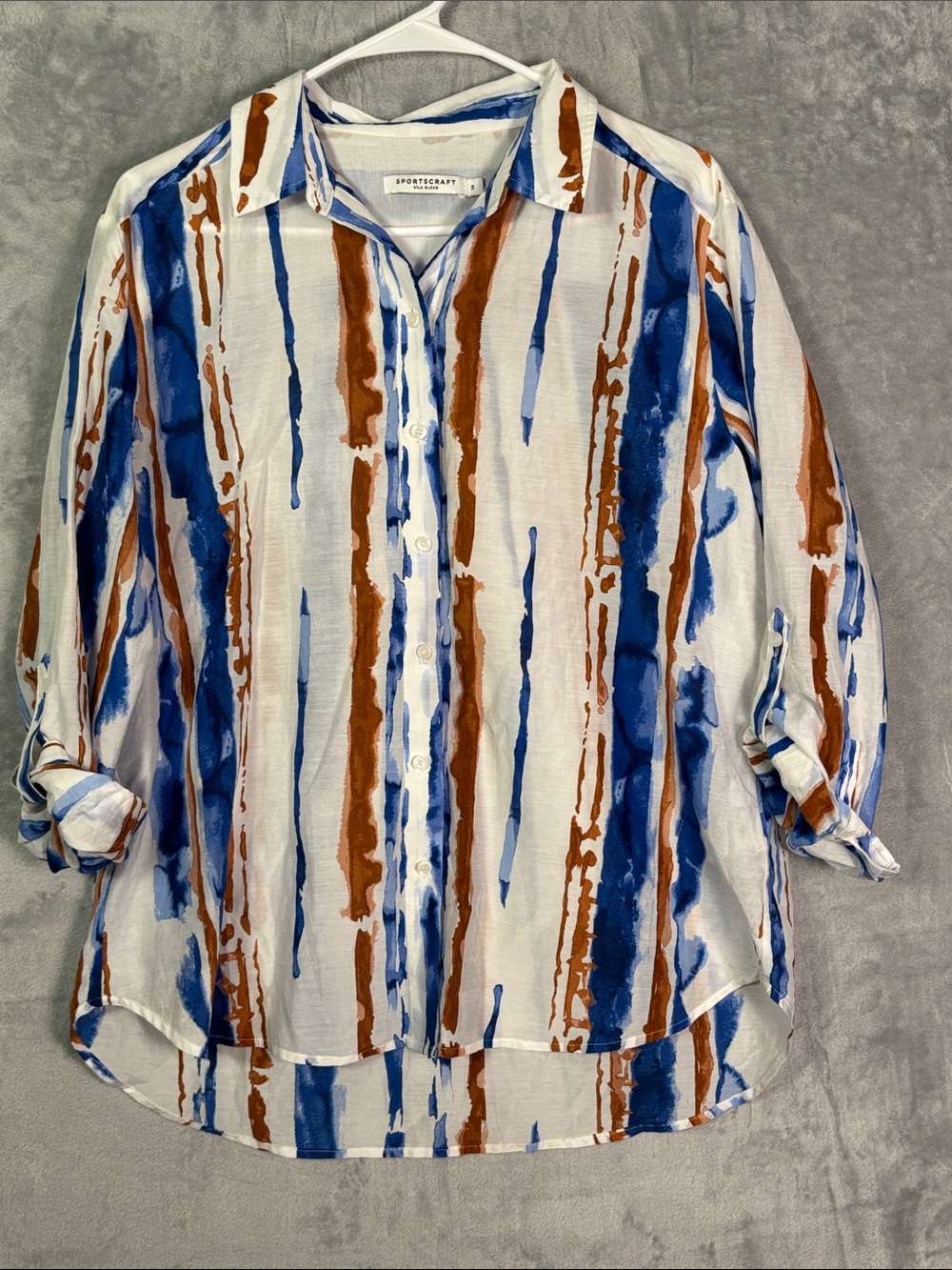Sportscraft White Blue Silk Blend Button Up LS Shirt Womens Size 14